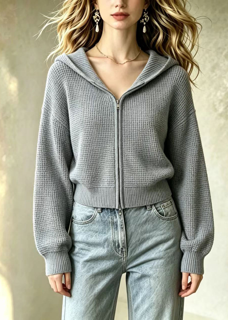 Loose Grey Waffle Hooded Double Zip Knit Cardigans Fall