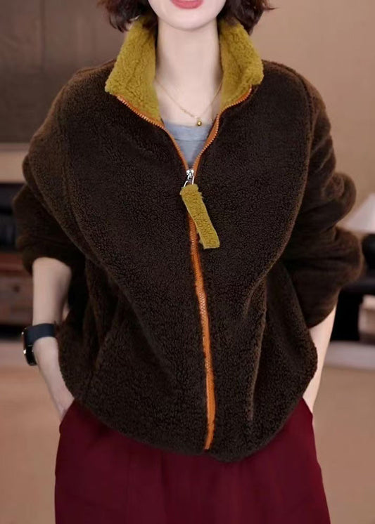 Loose Grey Zip Up Pockets Drawstring Fluffy Coat Spring