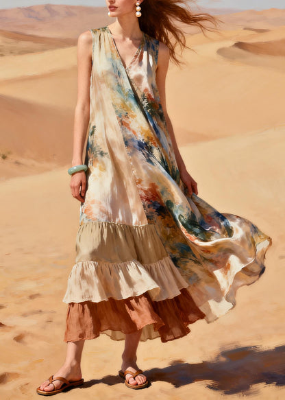 Loose Khaki Asymmetrical Patchwork Tie Dye Chiffon Long Dress Summer