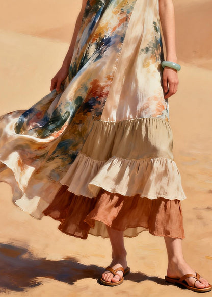 Loose Khaki Asymmetrical Patchwork Tie Dye Chiffon Long Dress Summer