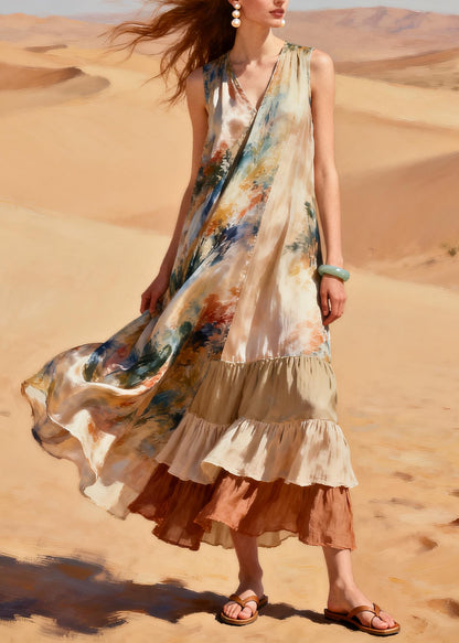 Loose Khaki Asymmetrical Patchwork Tie Dye Chiffon Long Dress Summer