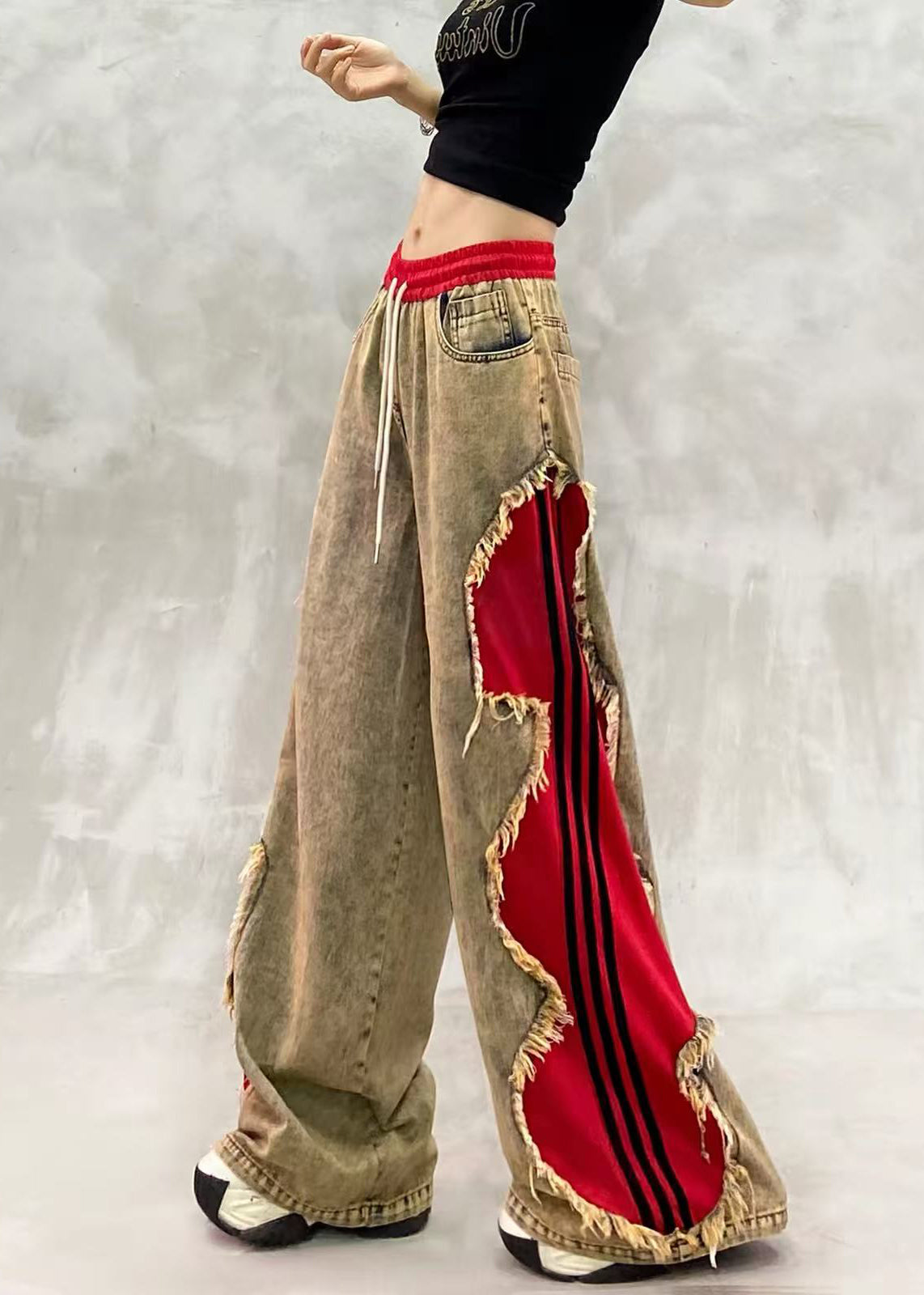 Loose Khaki Brown Elastic Waist Drawstring Patchwork Denim Wide Leg Pants Fall