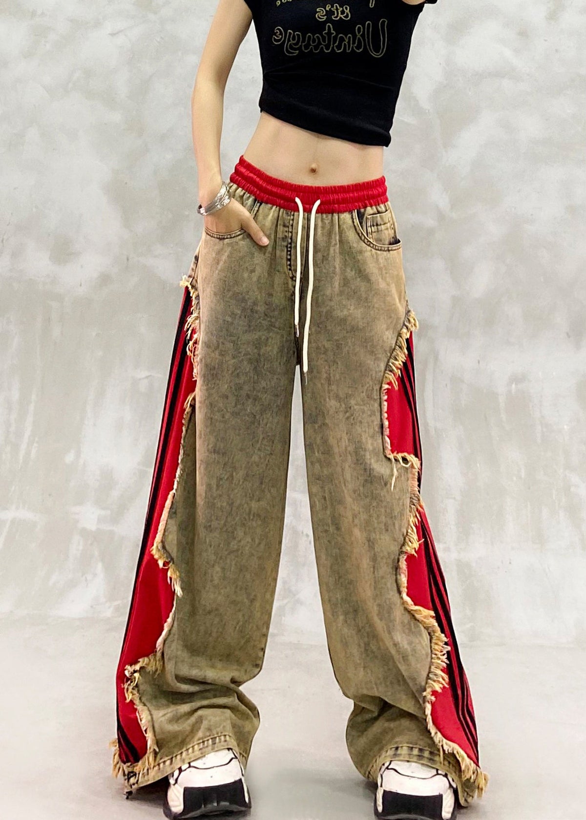 Loose Khaki Brown Elastic Waist Drawstring Patchwork Denim Wide Leg Pants Fall