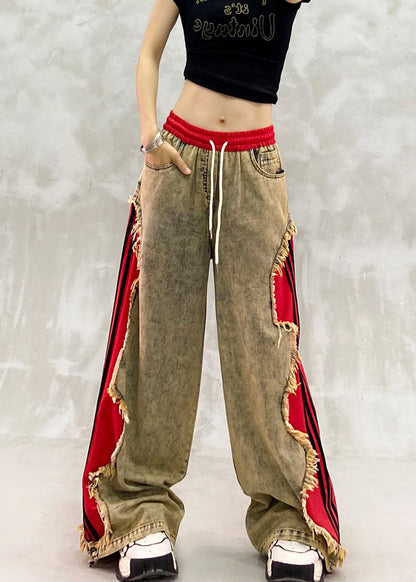 Loose Khaki Brown Elastic Waist Drawstring Patchwork Denim Wide Leg Pants Fall