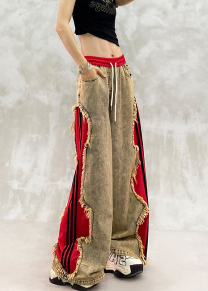Loose Khaki Brown Elastic Waist Drawstring Patchwork Denim Wide Leg Pants Fall