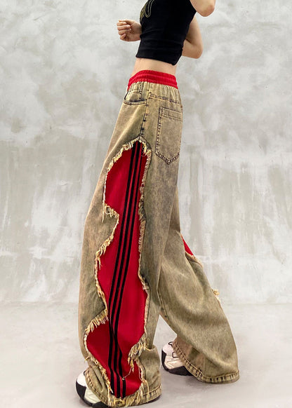 Loose Khaki Brown Elastic Waist Drawstring Patchwork Denim Wide Leg Pants Fall