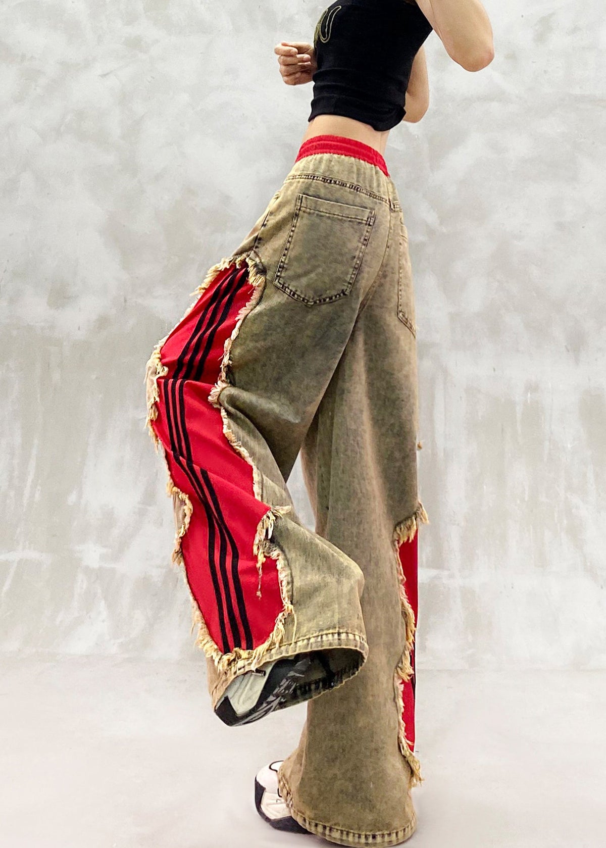 Loose Khaki Brown Elastic Waist Drawstring Patchwork Denim Wide Leg Pants Fall