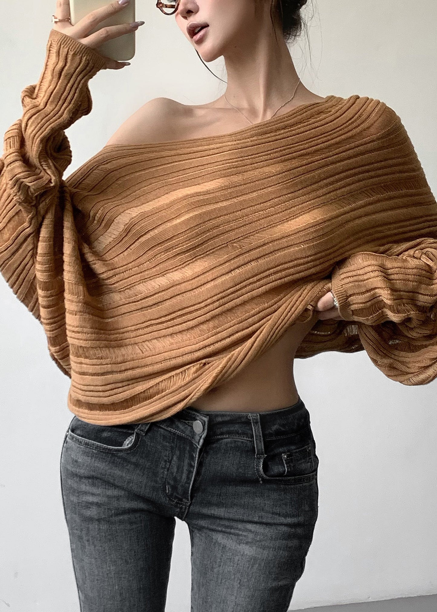 Loose Khaki Cold Shoulder Cozy Knit Sweater Batwing Sleeve