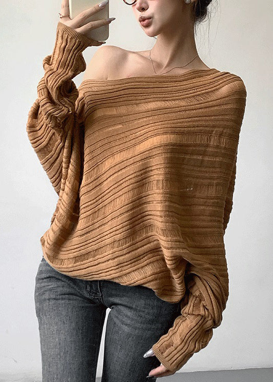 Loose Khaki Cold Shoulder Cozy Knit Sweater Batwing Sleeve