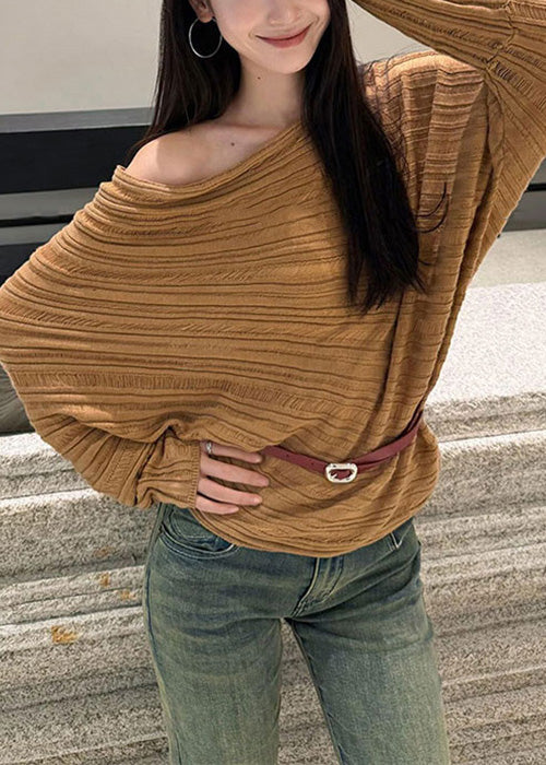 Loose Khaki Cold Shoulder Striped Knit Sweaters Batwing Sleeve