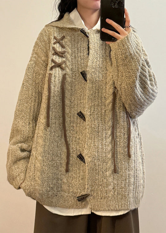 Loose Khaki Hooded Rabbit Ears Button Cozy Knit Coat Spring