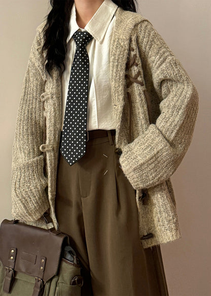 Loose Khaki Hooded Rabbit Ears Button Cozy Knit Coat Spring