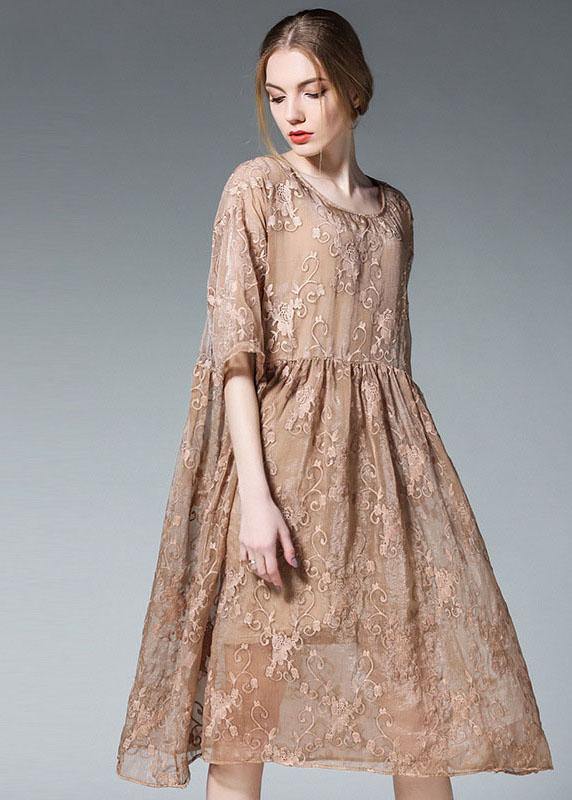 Loose Khaki O-Neck Patchwork Summer  Dress Half Sleeve - SooLinen