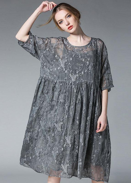 Loose Khaki O-Neck Patchwork Summer  Dress Half Sleeve - SooLinen