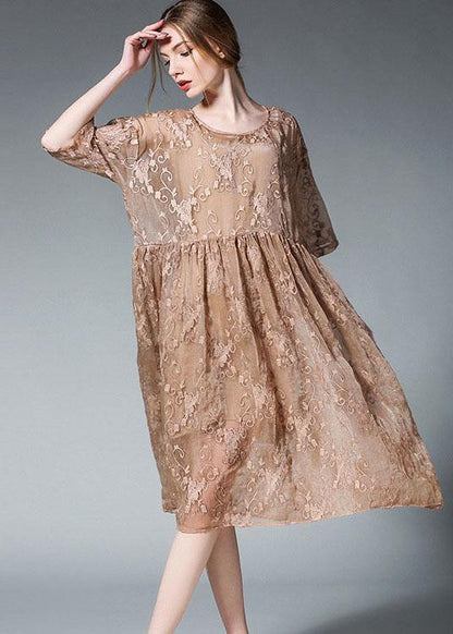 Loose Khaki O-Neck Patchwork Summer  Dress Half Sleeve - SooLinen