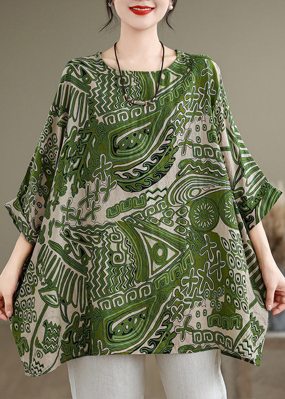 Loose Khaki O Neck Print Cotton T Shirt Batwing Sleeve