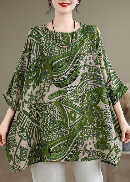 Loose Khaki O Neck Print Cotton T Shirt Batwing Sleeve