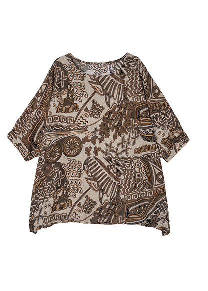 Loose Khaki O Neck Print Cotton T Shirt Batwing Sleeve