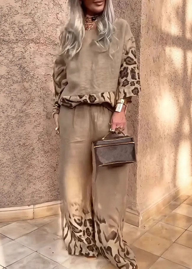 Loose Khaki O-Neck Print Top And Wide Leg Pants Two Pieces Set Three Quarter Sleeve