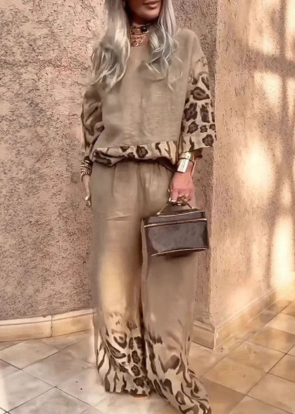 Loose Khaki O-Neck Print Top And Wide Leg Pants Two Pieces Set Three Quarter Sleeve
