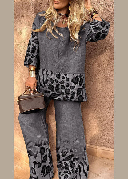 Loose Khaki O-Neck Print Top And Wide Leg Pants Two Pieces Set Three Quarter Sleeve