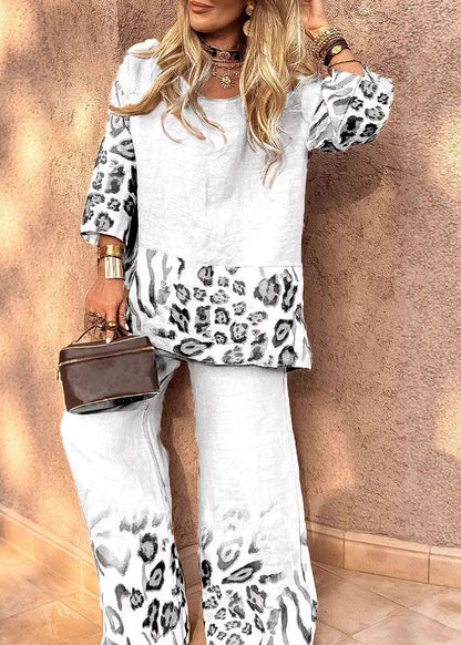 Loose Khaki O-Neck Print Top And Wide Leg Pants Two Pieces Set Three Quarter Sleeve