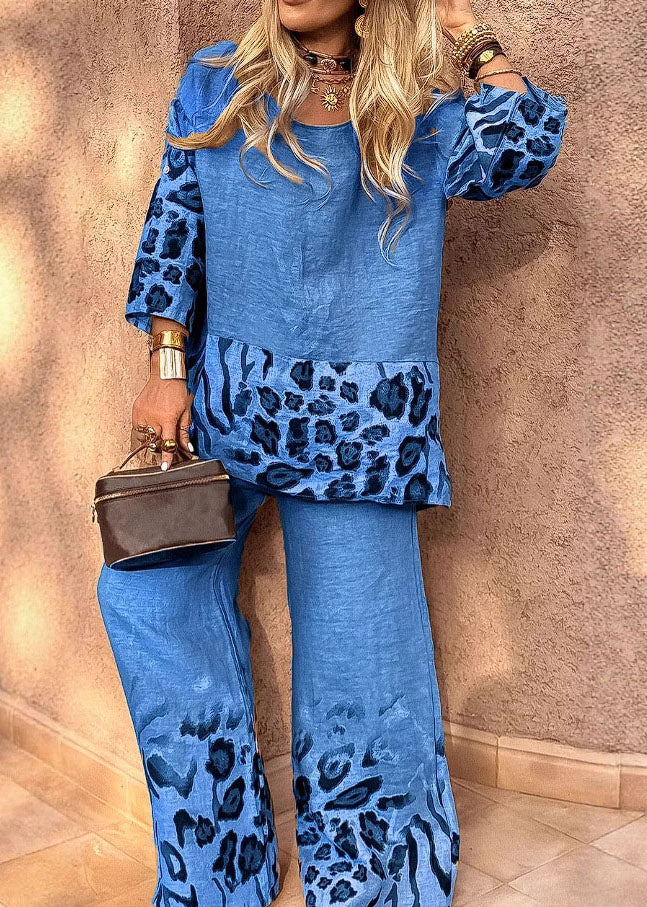 Loose Khaki O-Neck Print Top And Wide Leg Pants Two Pieces Set Three Quarter Sleeve