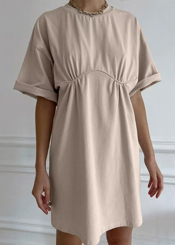Loose Khaki O Neck Solid Cotton Mid Dress Summer