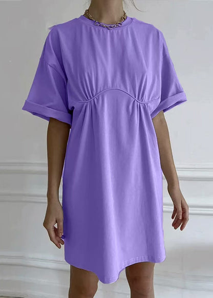 Loose Khaki O Neck Solid Cotton Mid Dress Summer