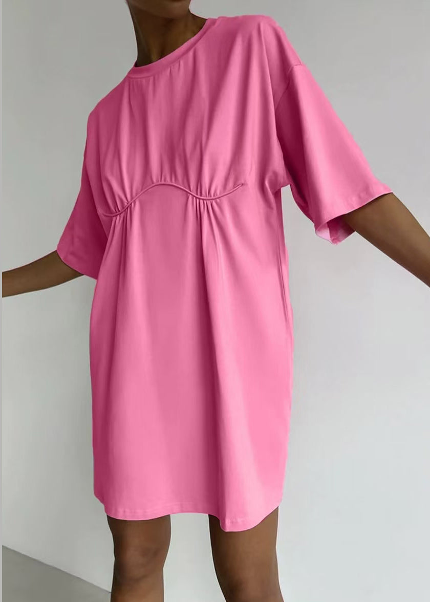 Loose Khaki O Neck Solid Cotton Mid Dress Summer