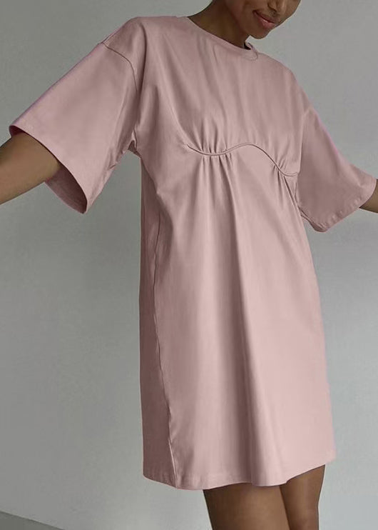 Loose Khaki O Neck Solid Cotton Mid Dress Summer