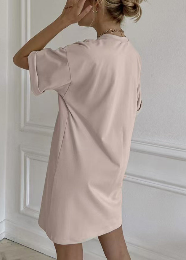 Loose Khaki O Neck Solid Cotton Mid Dress Summer