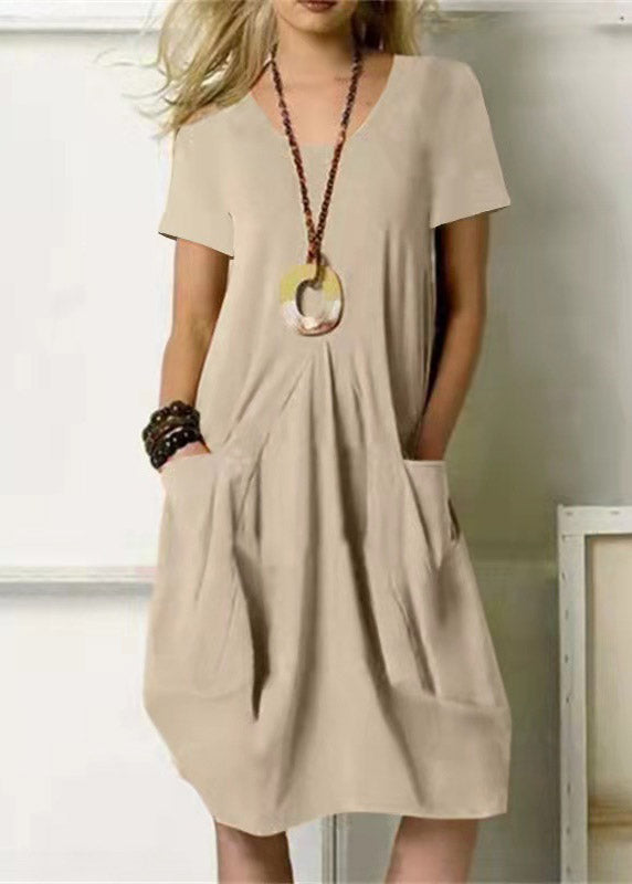 Loose Khaki O-Neck Wrinkled Solid Linen Long Dresses Short Sleeve