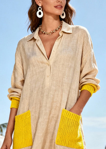 Loose Khaki Oversized Patchwork Linen Maxi Dress Spring