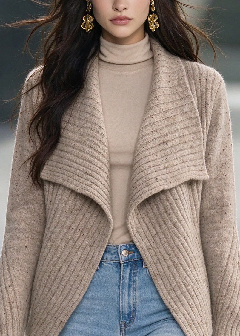 Loose Khaki Peter Pan Collar Asymmetrical Knit Cardigan Fall