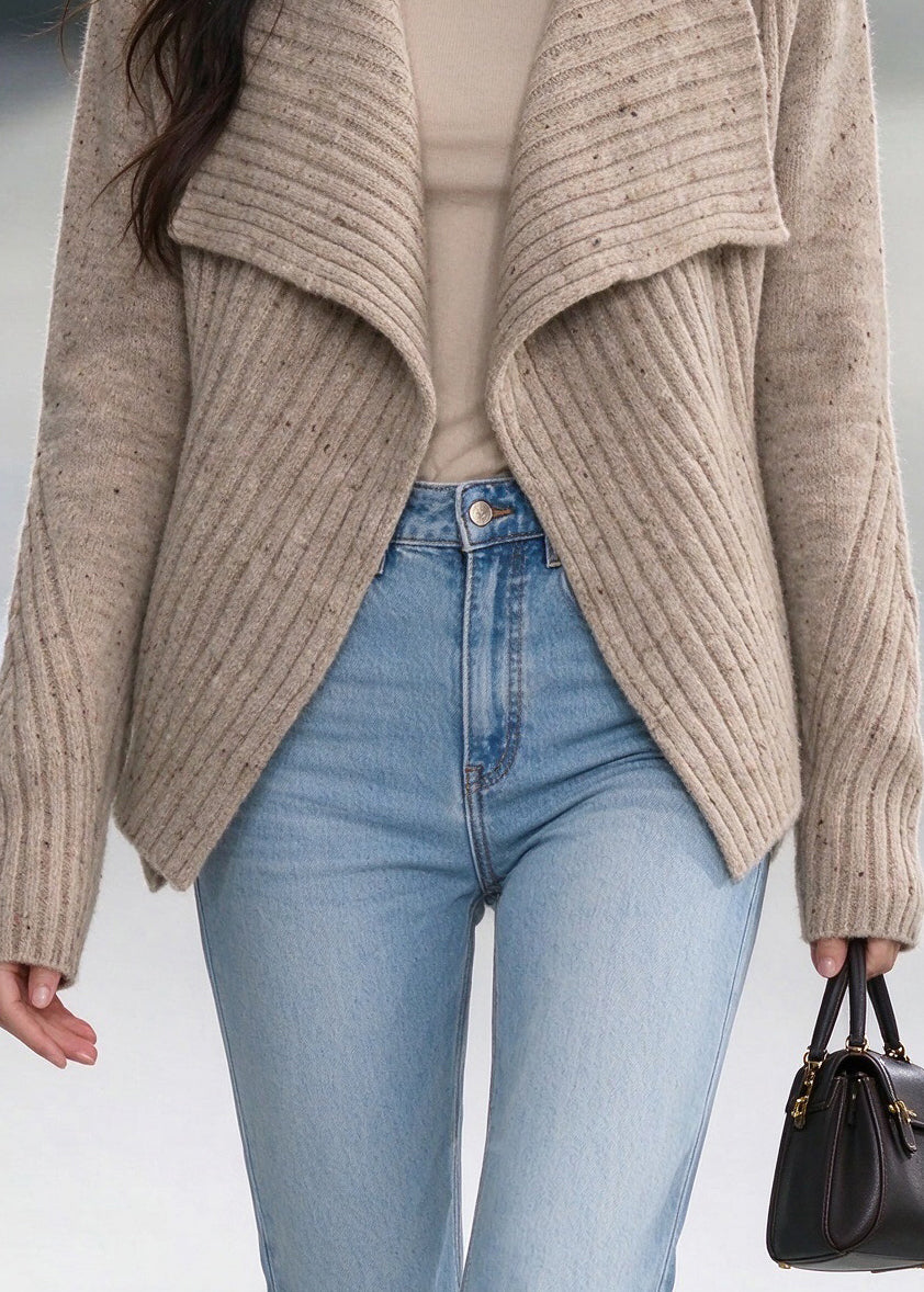 Loose Khaki Peter Pan Collar Asymmetrical Knit Cardigan Fall