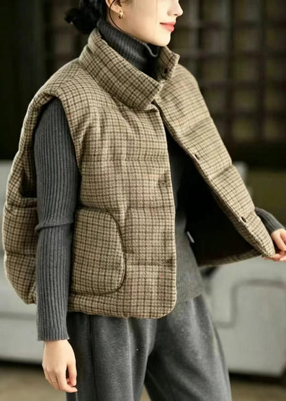 Loose Khaki Plaid Stand Collar Woolen Cotton Filled Waistcoat Winter