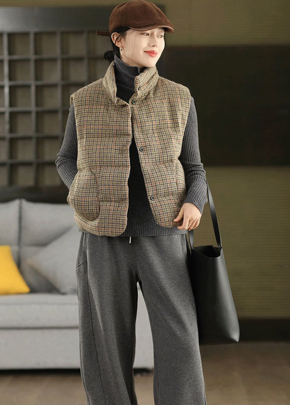 Loose Khaki Plaid Stand Collar Woolen Cotton Filled Waistcoat Winter