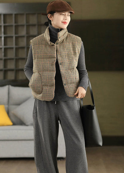 Loose Khaki Plaid Stand Collar Woolen Cotton Filled Waistcoat Winter