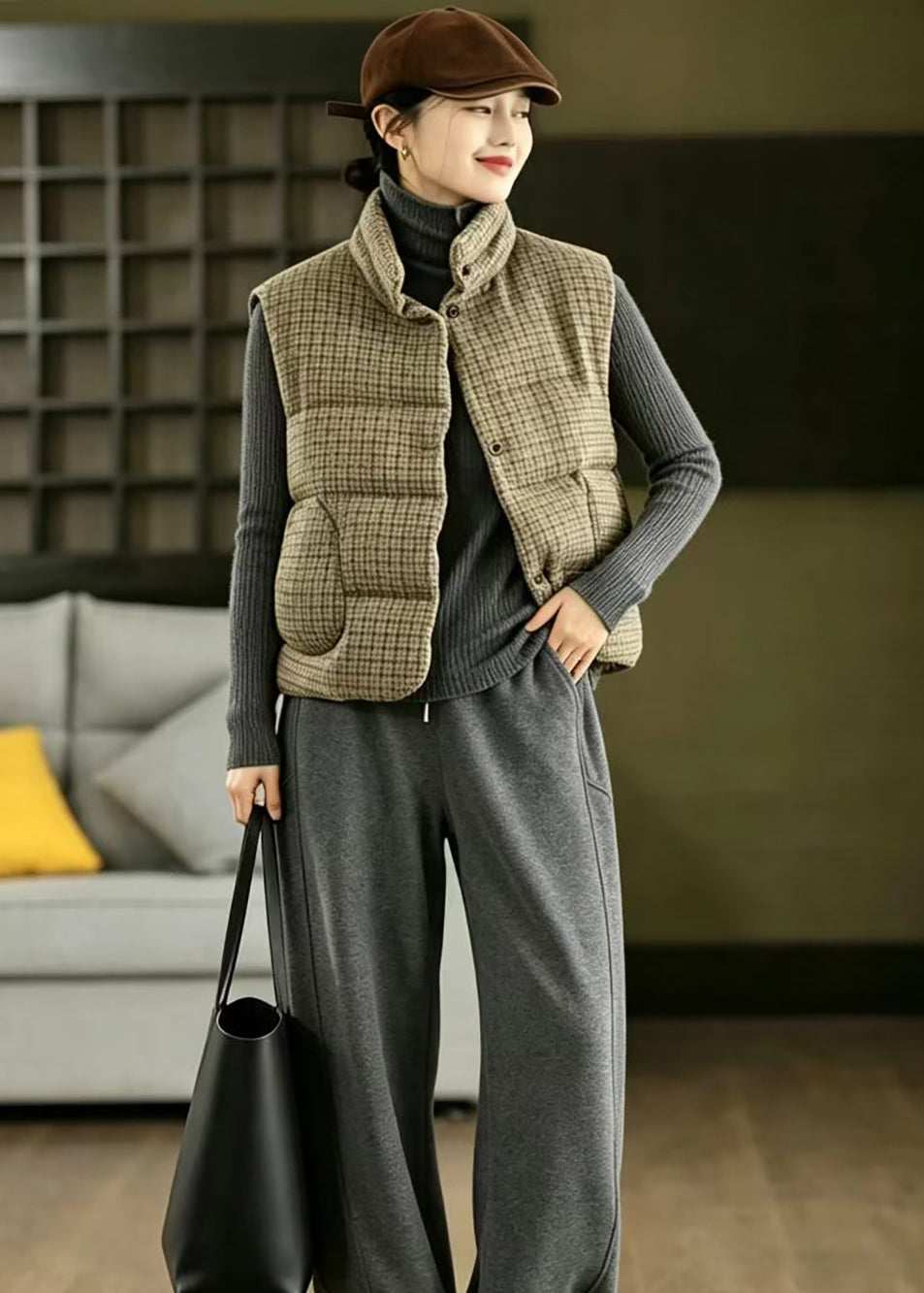 Loose Khaki Plaid Stand Collar Woolen Cotton Filled Waistcoat Winter