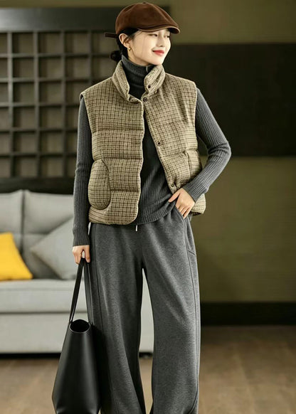 Loose Khaki Plaid Stand Collar Woolen Cotton Filled Waistcoat Winter