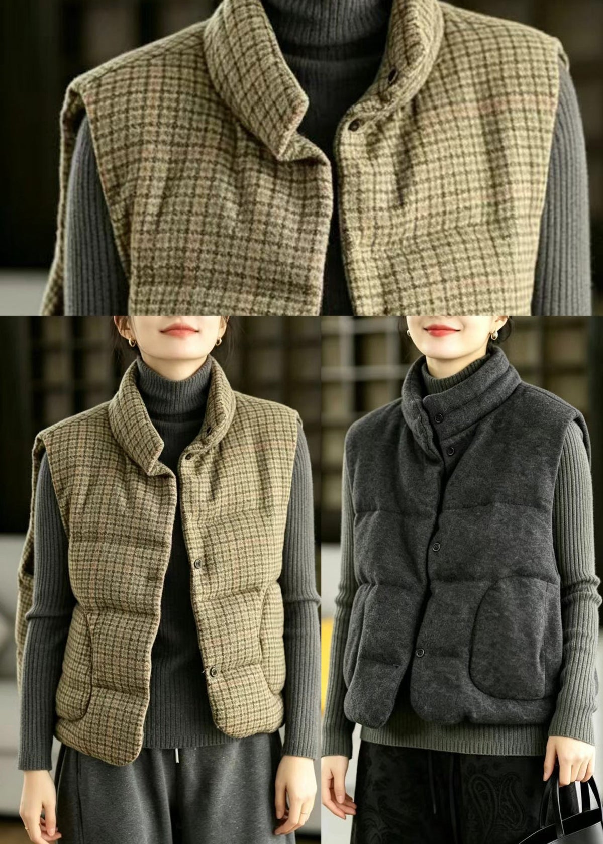Loose Khaki Plaid Stand Collar Woolen Cotton Filled Waistcoat Winter