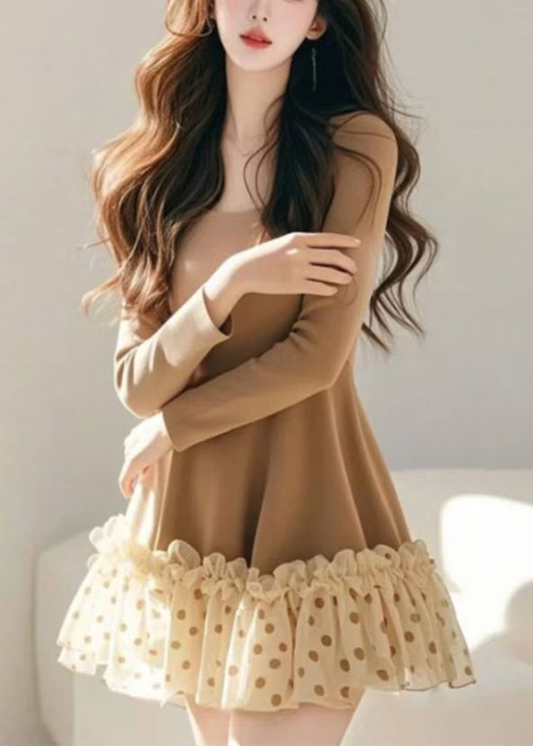 Loose Khaki Ruffled Dot Tulle Patchwork Mid Dress Spring