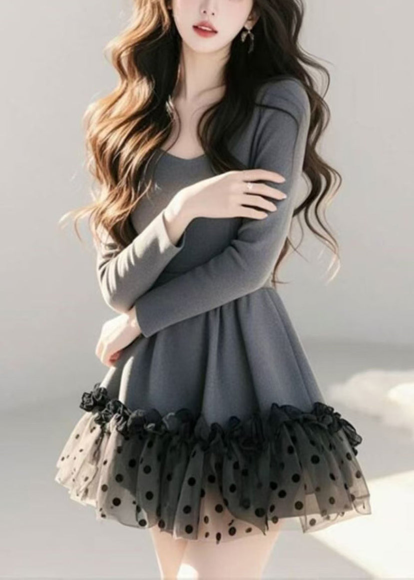 Loose Khaki Ruffled Dot Tulle Patchwork Mid Dress Spring