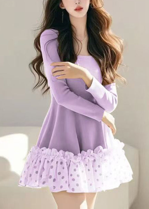 Loose Khaki Ruffled Dot Tulle Patchwork Mid Dress Spring