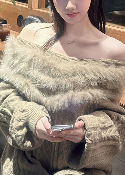 Loose Khaki Slash Neck Fluffy Patchwork Knit Cable Sweater Winter