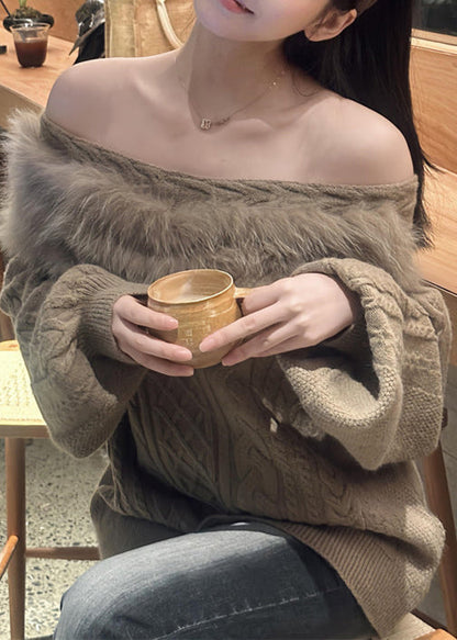 Loose Khaki Slash Neck Fluffy Patchwork Knit Cable Sweater Winter