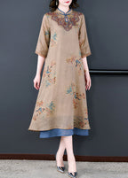 Loose Khaki Stand Collar Print Pockets Linen Long Dresses Half Sleeve