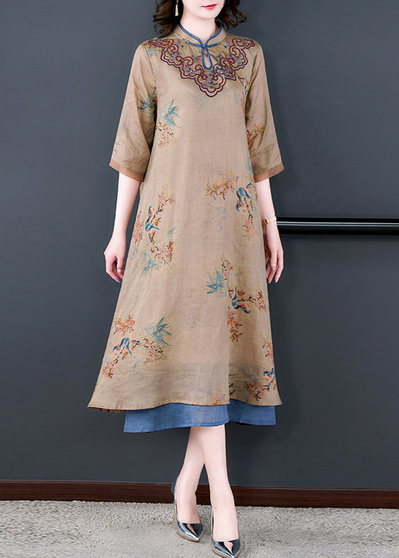 Loose Khaki Stand Collar Print Pockets Linen Long Dresses Half Sleeve