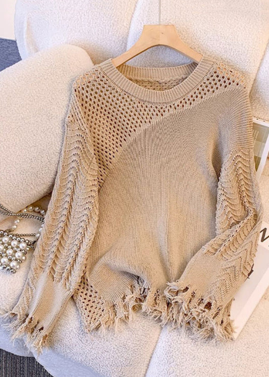 Loose Khaki Tasseled Hollow Out Knit Sweater Fall